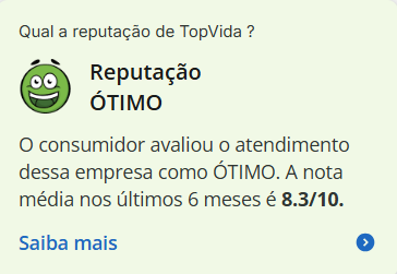 Print de avaliação/indicadores da TopVida no Reclame Aqui