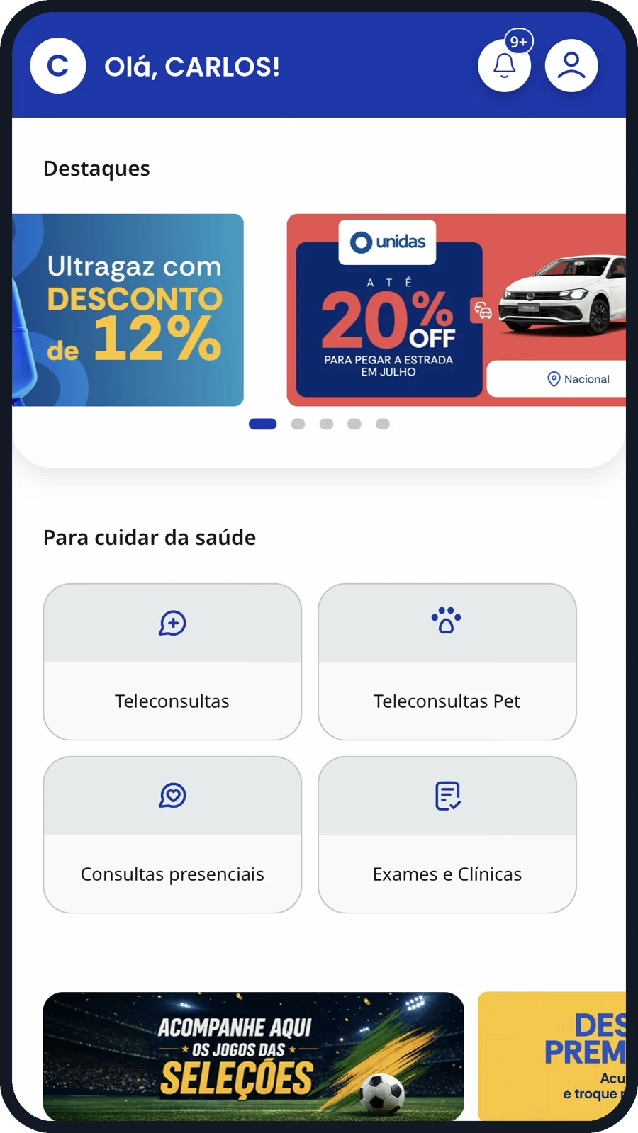 Tela do app TopVida com teleconsultas, televet, consultas presenciais e exames
