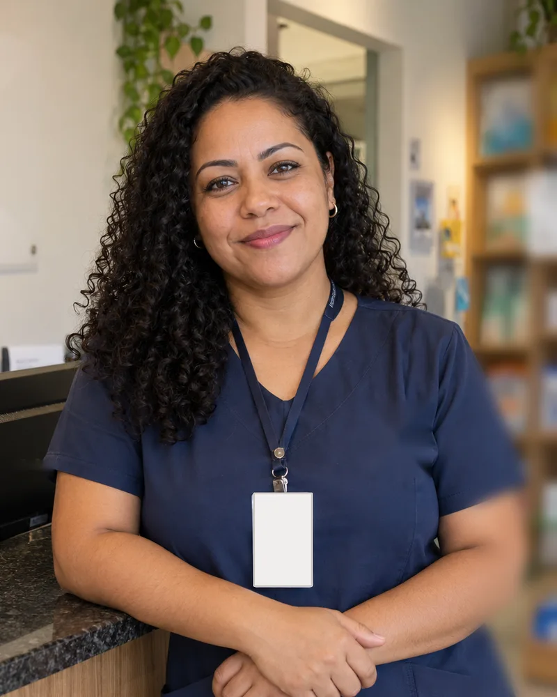 Profissional sorrindo no balcão de atendimento