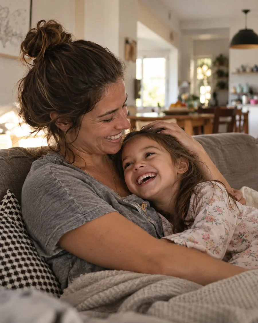 Mãe e filha abraçadas no sofá, rindo