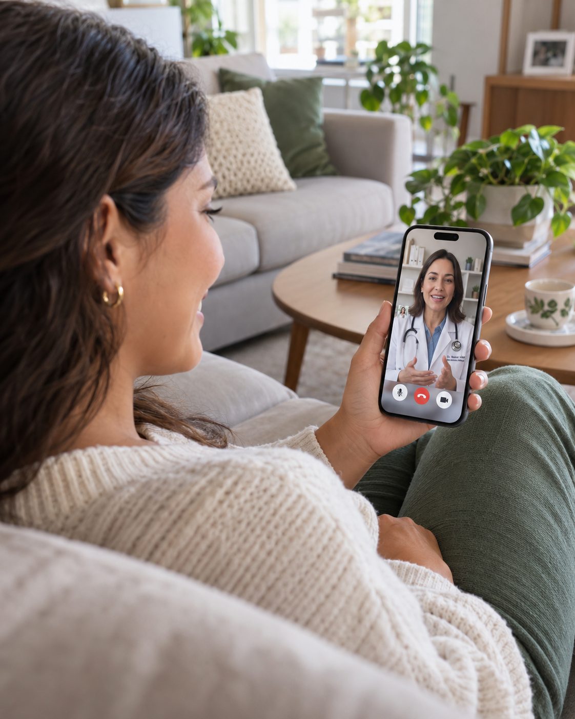 Mulher no sofá fazendo consulta médica por vídeo no celular