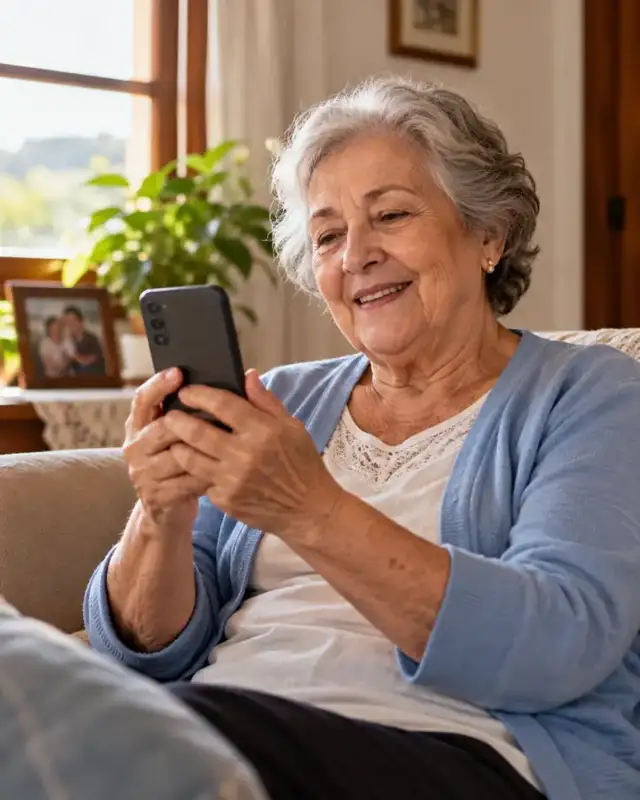 Senhora sorrindo em casa enquanto usa o celular
